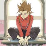  barefoot brown_hair lloyd_irving male_focus red_eyes red_shirt shimabara shirt solo tales_of_(series) tales_of_symphonia window windowsill 