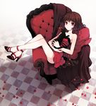  armchair bad_id bad_pixiv_id bare_shoulders brown_hair cat chair checkered checkered_floor crossed_legs from_above high_heels legs looking_at_viewer looking_up nardack original petals reclining red red_eyes red_skirt shoes short_hair sitting skirt solo tiles 