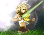  abe_toshi bad_id bad_pixiv_id blonde_hair blue_eyes energy_sword grass hair_ornament hair_ribbon hairclip kagamine_rin navel ribbon shield short_hair solo sword vocaloid weapon wind 