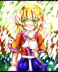  arm_warmers bad_id bad_pixiv_id blonde_hair green_eyes mizuhashi_parsee pointy_ears scarf short_hair solo tears touhou yuna_gram 