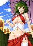  breasts flower green_hair groin huge_breasts kazami_yuuka no_panties open_clothes plaid plaid_sarong red_eyes red_sarong sarong shuugetsu_karasu sideboob solo sunflower thighhighs thighs touhou umbrella underboob white_legwear 