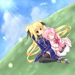  467_(artist) bad_id bad_pixiv_id blonde_hair blush caro_ru_lushe closed_eyes fate_testarossa long_hair lyrical_nanoha mahou_shoujo_lyrical_nanoha_strikers multiple_girls pink_hair red_eyes short_hair sleeping smile thighhighs twintails very_long_hair 