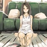  arm_support bad_id bad_pixiv_id barefoot blush brown_hair couch dress feet foreshortening lowres mo-mo-ride original pillow sitting solo sundress 