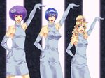  afro alternate_hairstyle ayo bad_id bad_pixiv_id blonde_hair blue_eyes blue_hair crossdressing dress elbow_gloves gloves hand_on_hip headband kagamine_len kaito kamui_gakupo long_hair makeup male_focus margaret_camellia_yazima multiple_boys naomi_camellia_yazima open_mouth parody pose purple_eyes purple_hair short_hair smile strawberry_camellia_yazima vocaloid yazima_beauty_salon 