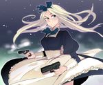  apron axis_powers_hetalia bad_id bad_pixiv_id belarus_(hetalia) blonde_hair blue_eyes dress dual_wielding frills glock gun hair_ribbon handgun holding long_hair no_legwear pistol ribbon snow solo wagimocco weapon wind wind_lift winter 