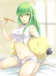  bad_id bad_pixiv_id barefoot c.c. cheese-kun code_geass food green_hair hands holding_pizza indoors isumimax lips long_hair midriff navel pizza pizza_hut short_shorts shorts sleeveless solo stuffed_animal stuffed_toy turtleneck underwear unzipped window yellow_eyes 