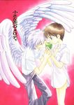  1girl androgynous angel angel_wings apple artist_request biting blue_eyes bottomless breasts brown_hair dress_shirt eating feathers food fruit genderswap genderswap_(mtf) green_apple hands holding holding_food holding_fruit ikari_shinji legs light nagisa_kaworu neon_genesis_evangelion shin-chan shirt short_hair small_breasts thighs tomboy traditional_media translated wings 