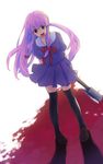  axe blood gasai_yuno legs mirai_nikki open_mouth pink_hair red_eyes ribbon school_uniform smile solo thighhighs tomobe_kinuko weapon yandere 