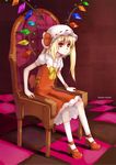  arm_support armchair bad_id bad_pixiv_id blonde_hair chair checkered checkered_floor english flandre_scarlet hao_(patinnko) hat highres kneehighs one_side_up perspective ponytail red_eyes sitting solo touhou white_legwear wings 