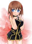  blue_eyes breast_suppress breasts brown_hair hair_ornament kakashichi large_breasts lyrical_nanoha mahou_shoujo_lyrical_nanoha_strikers short_hair solo x_hair_ornament yagami_hayate 