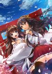  :d back bare_shoulders black_legwear blue_sky boots brown_hair cherry_blossoms cloud day detached_sleeves double_bun frilled_skirt frills hair_ornament hairband haruna_(kantai_collection) headgear holding_hands japanese_clothes kantai_collection kongou_(kantai_collection) long_hair looking_back multiple_girls nontraditional_miko open_mouth petals ribbon-trimmed_sleeves ribbon_trim shimotsukiriya skirt sky smile thigh_boots thighhighs torii 