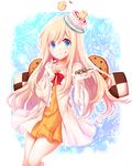  anais_del_caril bird blonde_hair blue_eyes bow cake checkerboard_cookie chocolate_chip_cookie coat cookie dress eating food food_on_face highres long_hair looking_at_viewer open_clothes open_coat plate solo tales_weaver very_long_hair wide_sleeves yellow_dress yuya_(night_lily) 