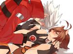  1girl animal_ears blazblue blush boy_on_top breast_grab breasts brown_eyes brown_hair gloves grabbing hetero kiss large_breasts makoto_nanaya ragna_the_bloodedge squirrel_ears tomo_(tomorag7) underboob white_hair 