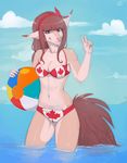  bikini blue_eyes brown_hair canada cleavage clothed clothing cloud female fluffy_tail hair kaitycuddle looking_at_viewer maple_leaf navel palm_tree sky smile solo swimsuit victory water 