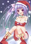  :d alternate_costume alternate_hairstyle boots bow breast_hold breasts bucket cleavage elbow_gloves esureki fang gloves hair_ornament hair_ribbon hat i-19_(kantai_collection) kantai_collection looking_at_viewer medium_breasts name_tag open_mouth purple_eyes purple_hair red_gloves ribbon santa_costume santa_hat side_ponytail sitting smile snowing snowman solo translated 