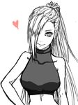 1girl artist_request breasts decomposition_f female hair_over_one_eye hand_on_hip heart large_breasts long_hair looking_at_viewer monochrome naruto ninja ponytail sketch smile solo spot_color yamanaka_ino 