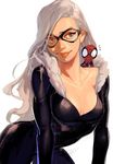  black_cat_(marvel) bodysuit breasts chibi cleavage felicia_hardy fur_trim green_eyes leaning_forward long_hair looking_at_viewer marvel mask medium_breasts realistic shishio simple_background skin_tight smile spider-man spider-man_(series) toned wavy_hair white_background white_hair 
