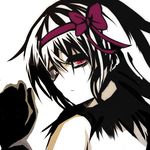  akemi_homura akuma_homura bad_id bad_pixiv_id bare_shoulders black_gloves black_hair bow choker from_behind gloves hair_bow long_hair looking_at_viewer looking_back mahou_shoujo_madoka_magica mahou_shoujo_madoka_magica_movie purple_eyes simple_background solo spoilers white_background yakan_(2281101) 