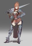  armor breasts brown_eyes brown_hair cleavage long_hair medium_breasts original solo sword thighhighs veine weapon 