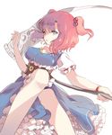  bare_shoulders belt blue_dress blue_eyes bracelet breasts coin covered_nipples dress hair_bobbles hair_ornament hillly_(maiwetea) jewelry large_breasts looking_at_viewer off_shoulder onozuka_komachi petticoat puffy_short_sleeves puffy_sleeves red_hair scythe shirt short_sleeves simple_background solo touhou two_side_up white_background 