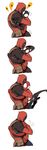  4koma belt belt_pouch blank_eyes comic couple deadpool harness head_on_shoulder heart highres hug kiss male_focus marvel mask multiple_boys muscle pouch profile shishio silent_comic simple_background sketch speech_bubble spider-man spider-man_(series) sweat symbiote toned toned_male venom_(marvel) white_background yaoi 