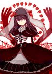  akemi_homura black_hair dress flower funeral_dress hairband highres homulilly long_hair mahou_shoujo_madoka_magica mahou_shoujo_madoka_magica_movie purple_eyes ribs simple_background solo spider_lily spine spoilers tooth veil white_background witch_(madoka_magica) 