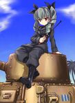  a9b_(louis814) anchovy anzio_military_uniform arm_support belt black_footwear black_shirt blush boots cloud day dress_shirt drill_hair fiat_m11/39 girls_und_panzer grey_jacket grey_pants ground_vehicle hair_ribbon holding jacket knee_boots leaning_back long_hair long_sleeves military military_uniform military_vehicle motor_vehicle necktie on_vehicle outdoors palm_tree pants purple_eyes ribbon riding_crop shirt shoulder_belt silver_hair sky smile solo standing tank tree twin_drills twintails uniform 