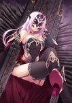  bare_shoulders breasts cait chair choker crossed_legs dutch_angle elbow_gloves garter_straps gloves highres large_breasts long_hair mask original pink_hair red_eyes sitting solo thighhighs throne 