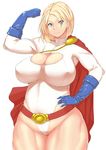  absurdres aiguillette arm_up belt blonde_hair blue_eyes blue_gloves breasts bursting_breasts cape cleavage cleavage_cutout covered_nipples cowboy_shot curvy dc_comics elbow_gloves eyes_visible_through_hair flexing gloves groin hakai_shin hand_on_hip highleg highleg_leotard highres huge_breasts leotard light_smile long_sleeves looking_at_viewer loose_belt muscle pose power_girl shirt short_hair simple_background skindentation smile solo standing thick_thighs thighs turtleneck white_background 