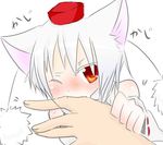  1girl animal_ears bare_shoulders biting blush detached_sleeves fang hands hat inubashiri_momiji looking_at_viewer one_eye_closed pom_pom_(clothes) red_eyes short_hair silver_hair simple_background tokin_hat tosura-ayato touhou white_background wolf_ears 