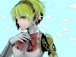  aegis_(persona) android bad_id bad_pixiv_id blonde_hair blue_background blue_eyes bow hairband hand_on_own_chest looking_at_viewer persona persona_3 profile robot_joints shin_(summer-summer) short_hair solo 