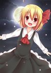  :d ahoge ascot blonde_hair esureki fang full_moon hair_ornament hair_ribbon moon open_mouth outstretched_arms red_eyes ribbon rumia short_hair smile solo spread_arms touhou 