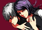  1girl hug hug_from_behind kamishiro_rize kaneki_ken long_hair purple_hair red_eyes shiromi_(ringo) tokyo_ghoul white_hair 