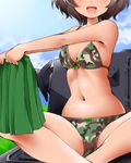  akiyama_yukari blush bow bow_bra bow_panties bra breasts brown_hair camouflage camouflage_bra camouflage_panties cleavage dr_rex girls_und_panzer ground_vehicle head_out_of_frame looking_at_viewer military military_vehicle motor_vehicle navel open_mouth panties panzerkampfwagen_iv short_hair sitting skirt skirt_removed small_breasts smile solo tank underwear underwear_only 