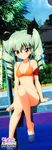  absurdres anchovy armband barefoot bikini breasts cleavage drill_hair girls_und_panzer hair_ribbon highres looking_at_viewer official_art palm_tree pool ribbon sitting small_breasts soaking_feet solo swimsuit tree twin_drills water 