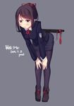  artist_name bent_over black_hair black_legwear blush brown_eyes dated garnet hair_ornament hair_ribbon hairclip hands_on_own_knees looking_at_viewer open_mouth original pantyhose ribbon school_uniform short_hair skirt solo sword sword_behind_back weapon weapon_on_back 