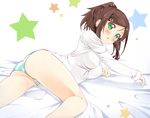  ass breasts brown_hair cameltoe green_eyes hair_ornament hairclip hanjuku_mikan highres lying medium_breasts on_side original panties ponytail solo striped striped_panties underwear 