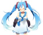  ahoge blue_hair closed_eyes detached_sleeves dress grin hatsune_miku komadori_ui long_hair smile solo twintails very_long_hair vocaloid white_background 