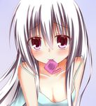  blush collarbone condom condom_in_mouth esureki gradient gradient_background long_hair looking_at_viewer mouth_hold original purple_eyes silver_hair smile solo 