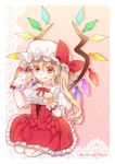  akayan blonde_hair bow cake commentary_request corset crumbs flandre_scarlet food food_on_face frilled_skirt frills hat juliet_sleeves licking_lips long_sleeves mob_cap multicolored multicolored_wings pink_background puffy_sleeves red_eyes side_ponytail skirt tongue tongue_out touhou wings wrist_cuffs 