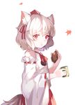  :t animal_ears autumn cup detached_sleeves eating food hat hillly_(maiwetea) holding inubashiri_momiji long_sleeves looking_at_viewer red_eyes ribbon ribbon-trimmed_sleeves ribbon_trim shirt silver_hair simple_background skirt solo sweet_potato tail teacup tokin_hat touhou white_background wide_sleeves wolf_ears wolf_tail 