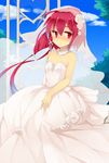  bad_id bad_pixiv_id blush bridal_veil commentary_request dress hukasikasi i-168_(kantai_collection) jewelry kantai_collection red_eyes red_hair ring short_hair_with_long_locks smile solo strapless strapless_dress veil wedding_band wedding_dress 