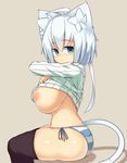  animal_ears black_legwear blue_eyes blush breasts cat_ears cat_tail felt_whitesnow full-face_blush highres huge_breasts light_frown looking_at_viewer nipples original panties ribbed_sweater sawati shiny shiny_skin shirt_lift short_hair short_hair_with_long_locks side-tie_panties simple_background sitting solo striped striped_panties sweater tail thighhighs underwear white_hair 
