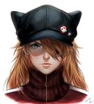  2014 animal_hat artist_name blue_eyes cat_hat evangelion:_3.0_you_can_(not)_redo eyepatch hat highres jacket k.c lips long_hair looking_at_viewer neon_genesis_evangelion orange_hair portrait rebuild_of_evangelion shikinami_asuka_langley simple_background solo souryuu_asuka_langley track_jacket white_background 