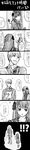  1boy 1girl ? absurdres bangs blush collarbone collared_shirt comic door formal greyscale hair_ornament hair_ribbon highres himeno_mikoto himuro_hitoshi holding kaii_shoukougun long_image monochrome necktie no_eyes open_mouth oretto_(ring) paper ribbon school_uniform serafuku shirt short_hair sidelocks speech_bubble tall_image translation_request 