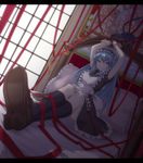  arms_up bdsm bed black_legwear blue_hair bondage bound bound_wrists crossed_legs dark dutch_angle foreshortening highres key kneehighs letterboxed loafers long_hair maid noraico on_bed original red_eyes red_ribbon ribbon shoe_soles shoes sitting solo wrist_cuffs 