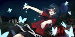  black_hair blue_eyes chimuchimu_(drowandpaint) field flower grass graveyard hat hat_removed headwear_removed highres hill miyako_yoshika neck_ribbon night night_sky ofuda open_mouth outstretched_arms ribbon shirt short_sleeves skirt sky solo spider_lily star star_(sky) touhou zombie_pose 