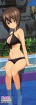  absurdres barefoot bikini breasts brown_eyes brown_hair cleavage girls_und_panzer highres looking_at_viewer navel nishizumi_maho official_art pool short_hair soaking_feet solo swimsuit tsurime water 