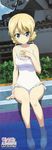  absurdres barefoot blonde_hair blue_eyes bush casual_one-piece_swimsuit copyright_name darjeeling frilled_swimsuit frills girls_und_panzer ground_vehicle hair_bun hand_on_own_chest highres legs light_smile looking_at_viewer military military_vehicle motor_vehicle official_art one-piece_swimsuit panzerkampfwagen_iv pool scan sitting soaking_feet solo swimsuit tank water white_swimsuit 