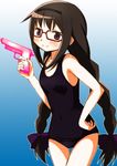  akemi_homura black_hair braid glasses gun hairband handgun long_hair looking_at_viewer mahou_shoujo_madoka_magica purple_eyes red-framed_eyewear school_swimsuit semi-rimless_eyewear smile swimsuit tsubaki_(tatajd) twin_braids under-rim_eyewear very_long_hair water_gun weapon 